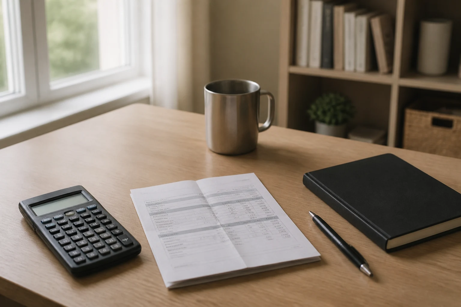 Bureau d alternant avec calculatrice fiche de paie pliee et bloc-notes pose sur table en bois