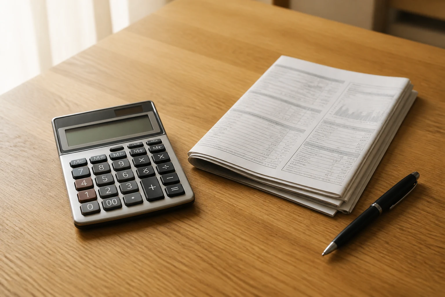 Calculatrice document plie et stylo noir disposes sur table en bois indiquant calcul de remuneration