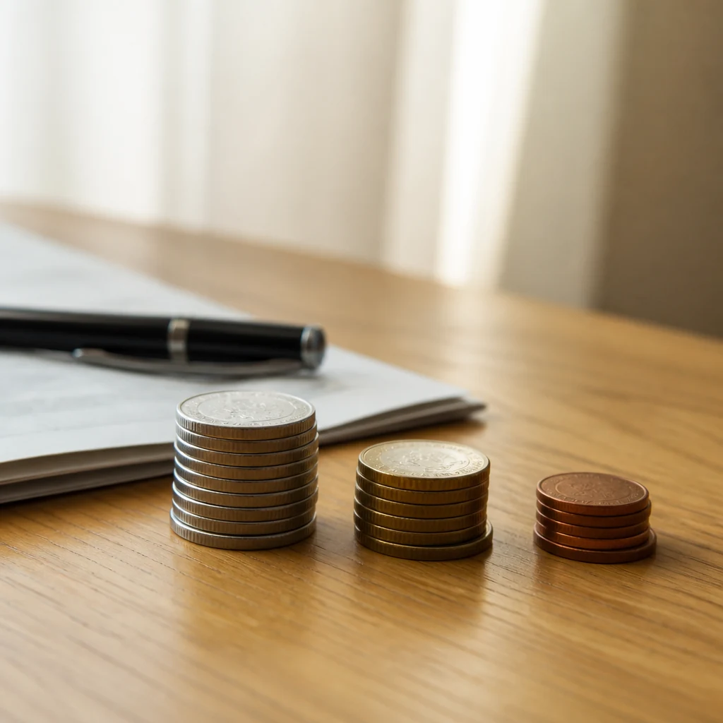 Trois piles de pieces de monnaie avec document plie et stylo noir sur surface en bois claire