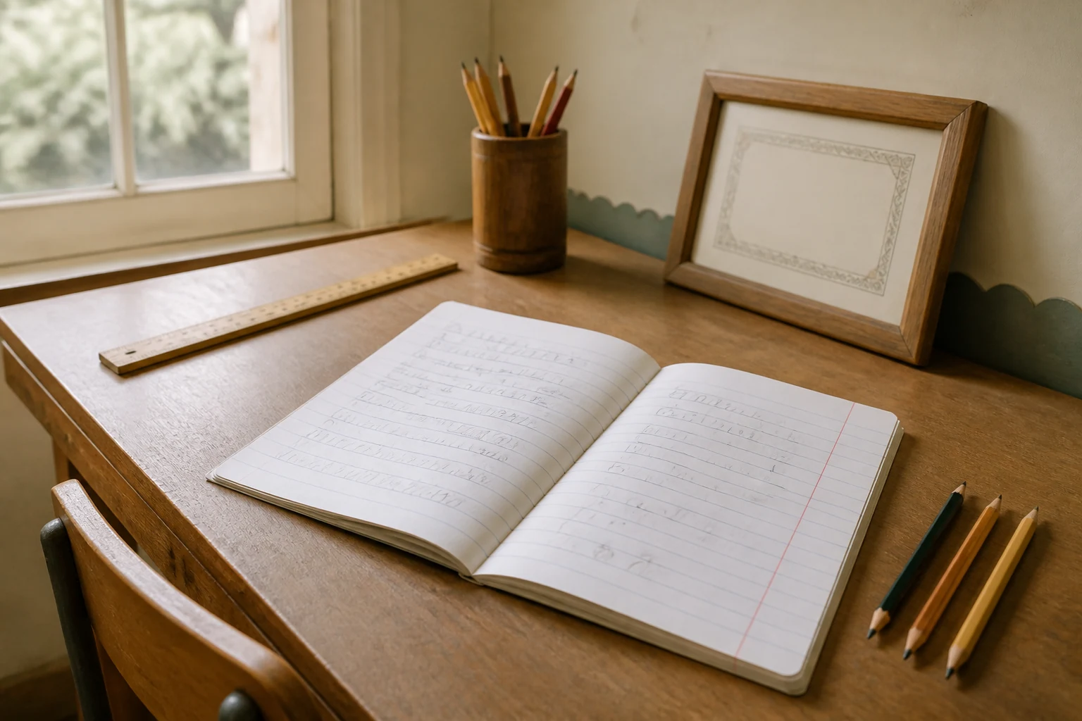 Salle de classe primaire avec un pupitre en bois ouvert sur un cahier et des fournitures scolaires posees a cote