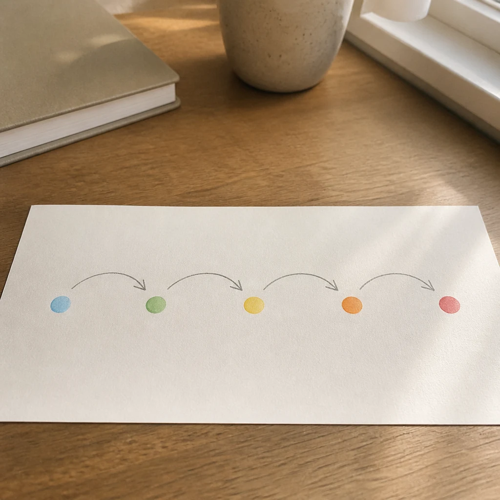 Frise temporelle horizontale avec cinq points colores et une fleche au crayon qui saute d un point a l autre
