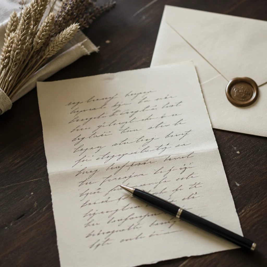 Lettre imprimee sur papier creme avec un stylo a bille noir pose en travers et une enveloppe scellee de cire a cote