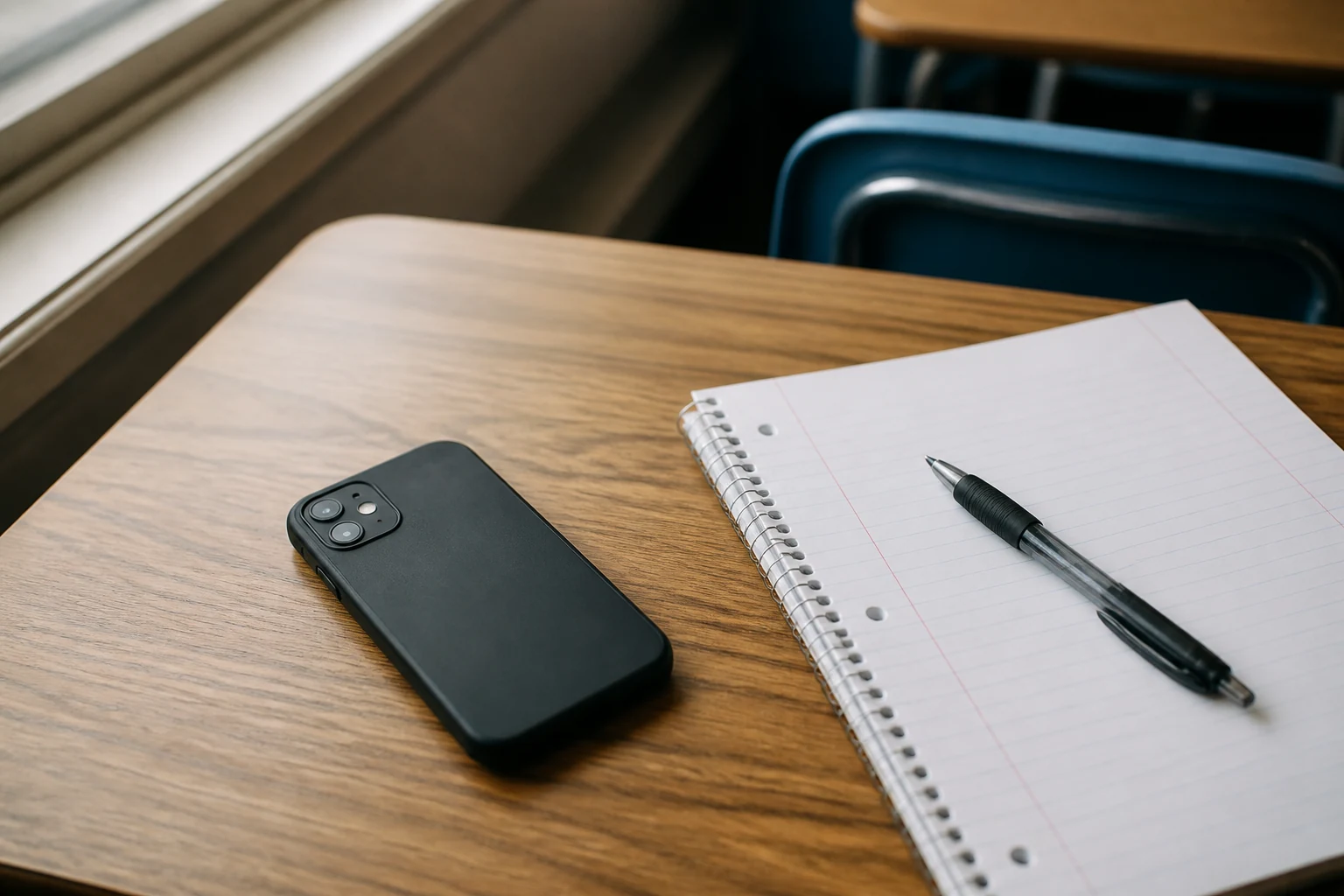 Smartphone deverrouille pose face vers le bas sur un bureau d ecolier en bois avec un cahier et un stylo a cote