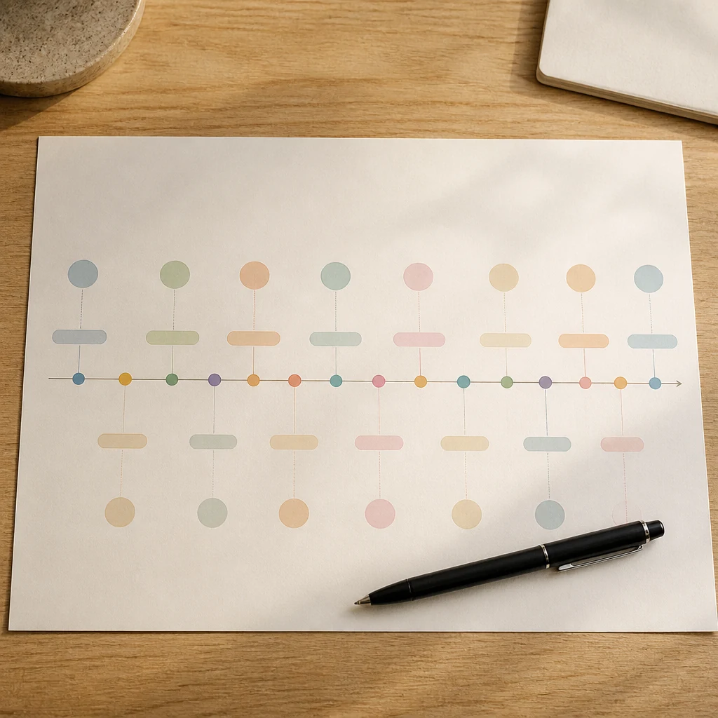 Frise chronologique papier sur un bureau avec des marqueurs colores indiquant differentes annees entre 2010 et 2025