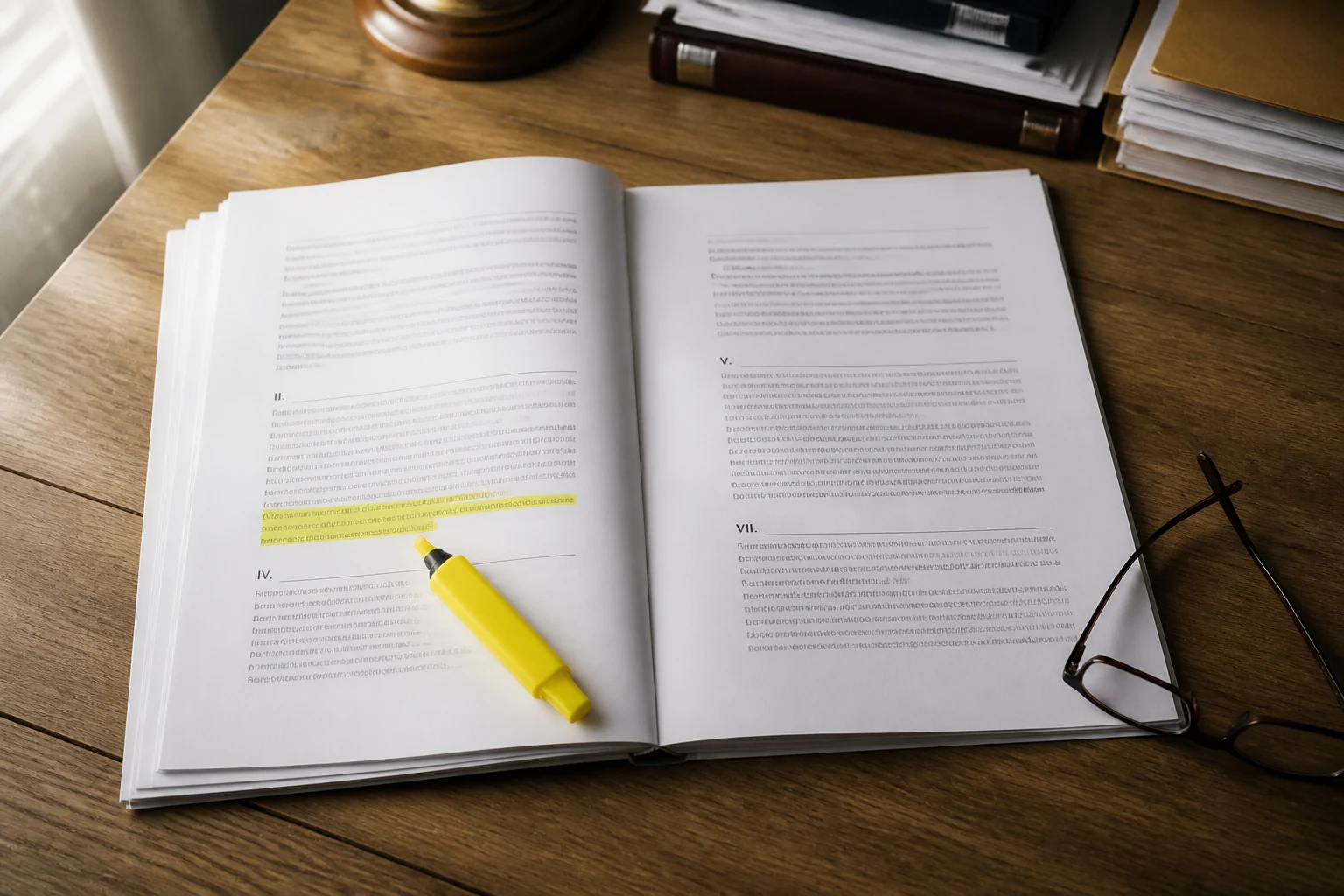 Document juridique ouvert sur un bureau avec un surligneur jaune marquant un paragraphe et une paire de lunettes posee a cote