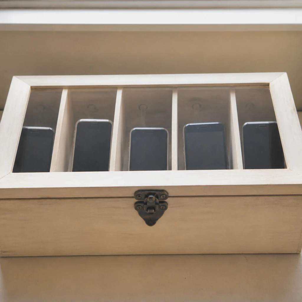 Petite boite en bois avec compartiments individuels sur un comptoir contenant des silhouettes de telephones