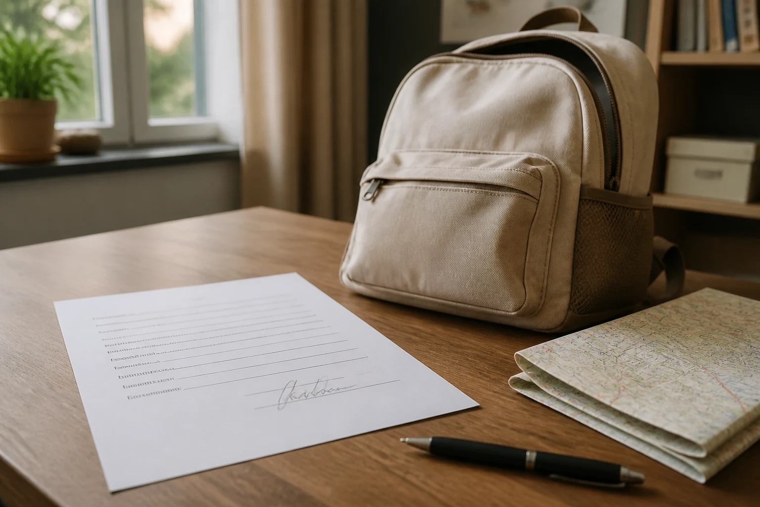 Autorisation papier signee posee sur un bureau en bois avec un cartable un sac a dos et une carte routiere depliee