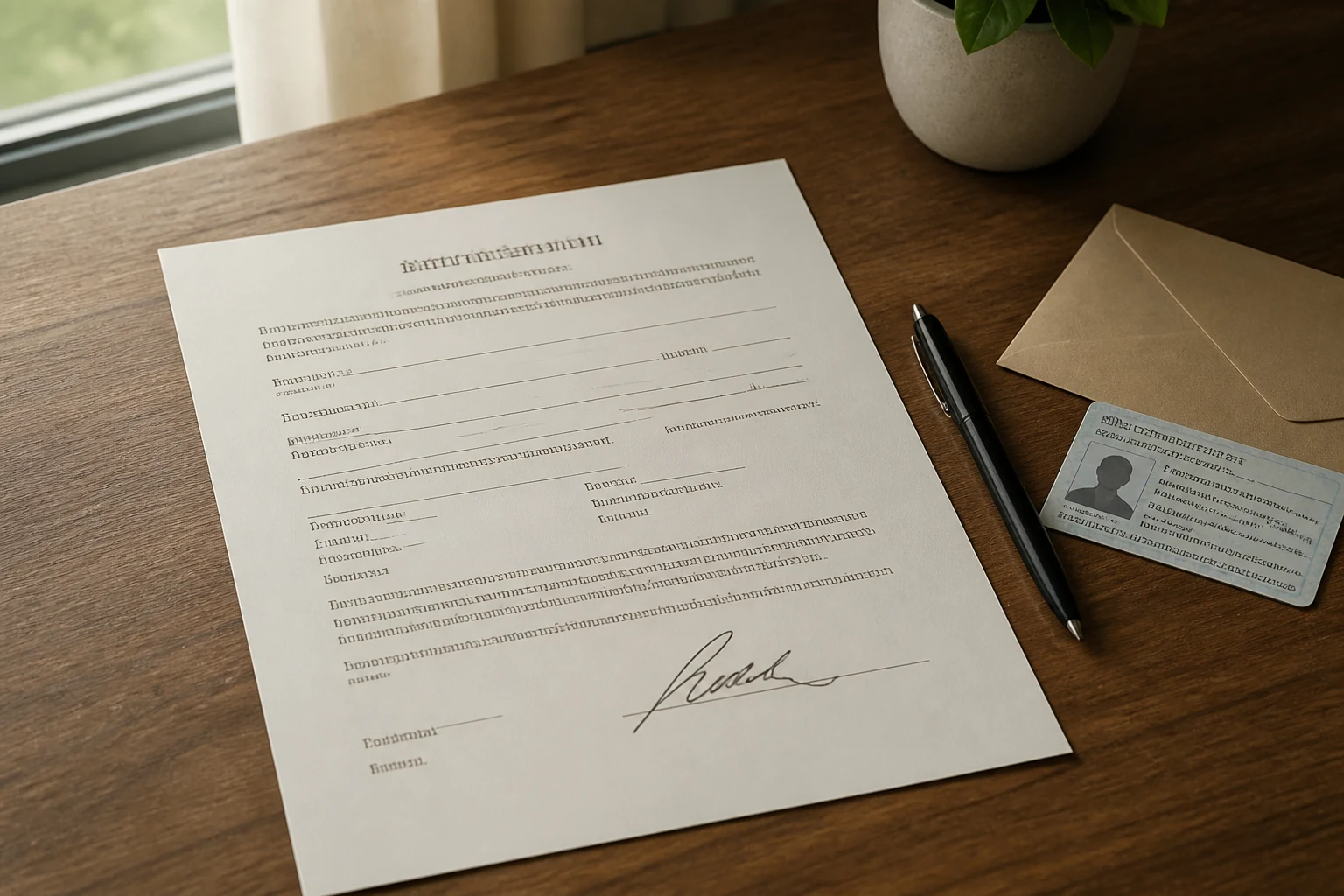 Formulaire imprime d autorisation parentale avec signature manuscrite stylo et enveloppe sur bureau en bois