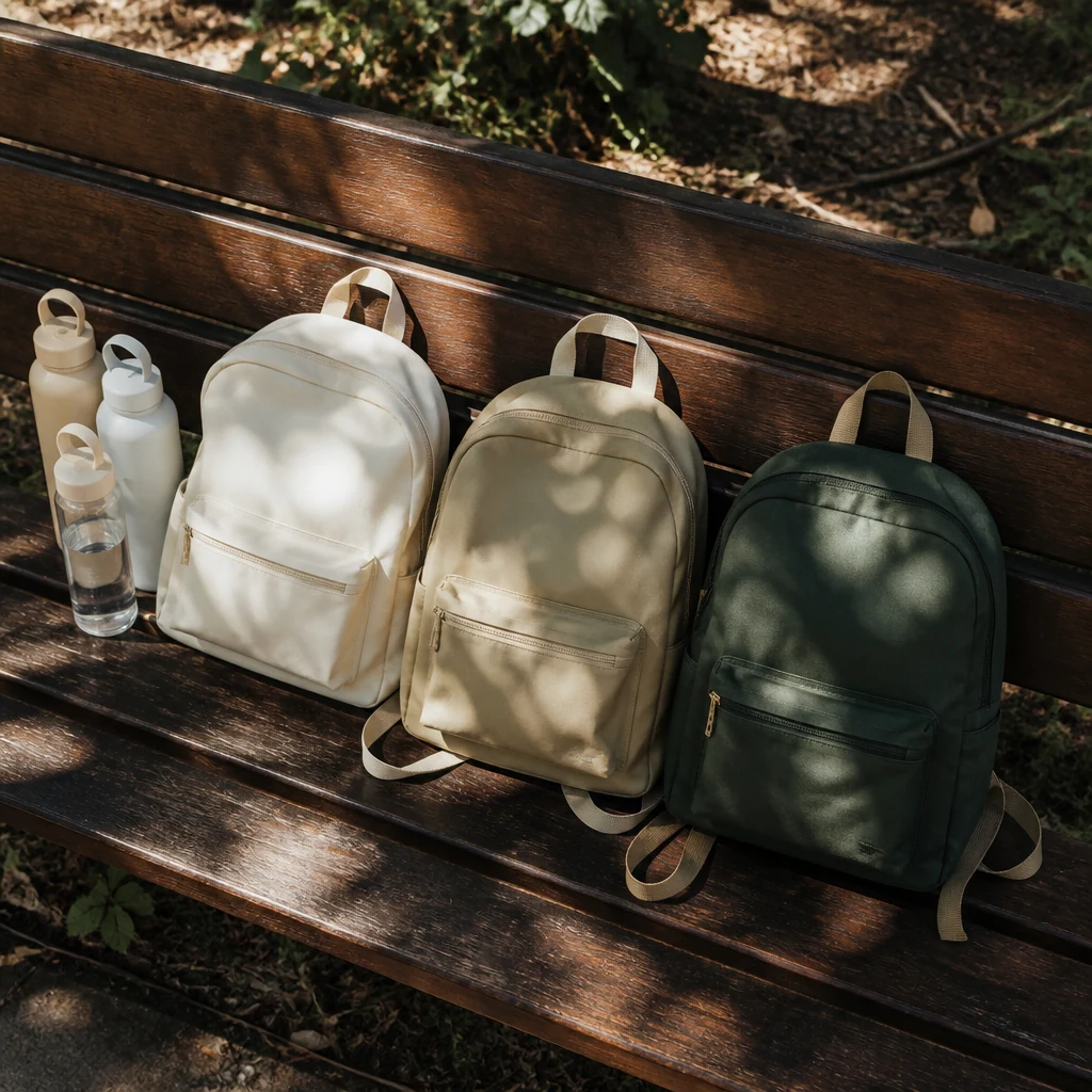 Banc de parc avec trois petits sacs a dos alignes et bouteilles d eau pres d arbres en arriere-plan