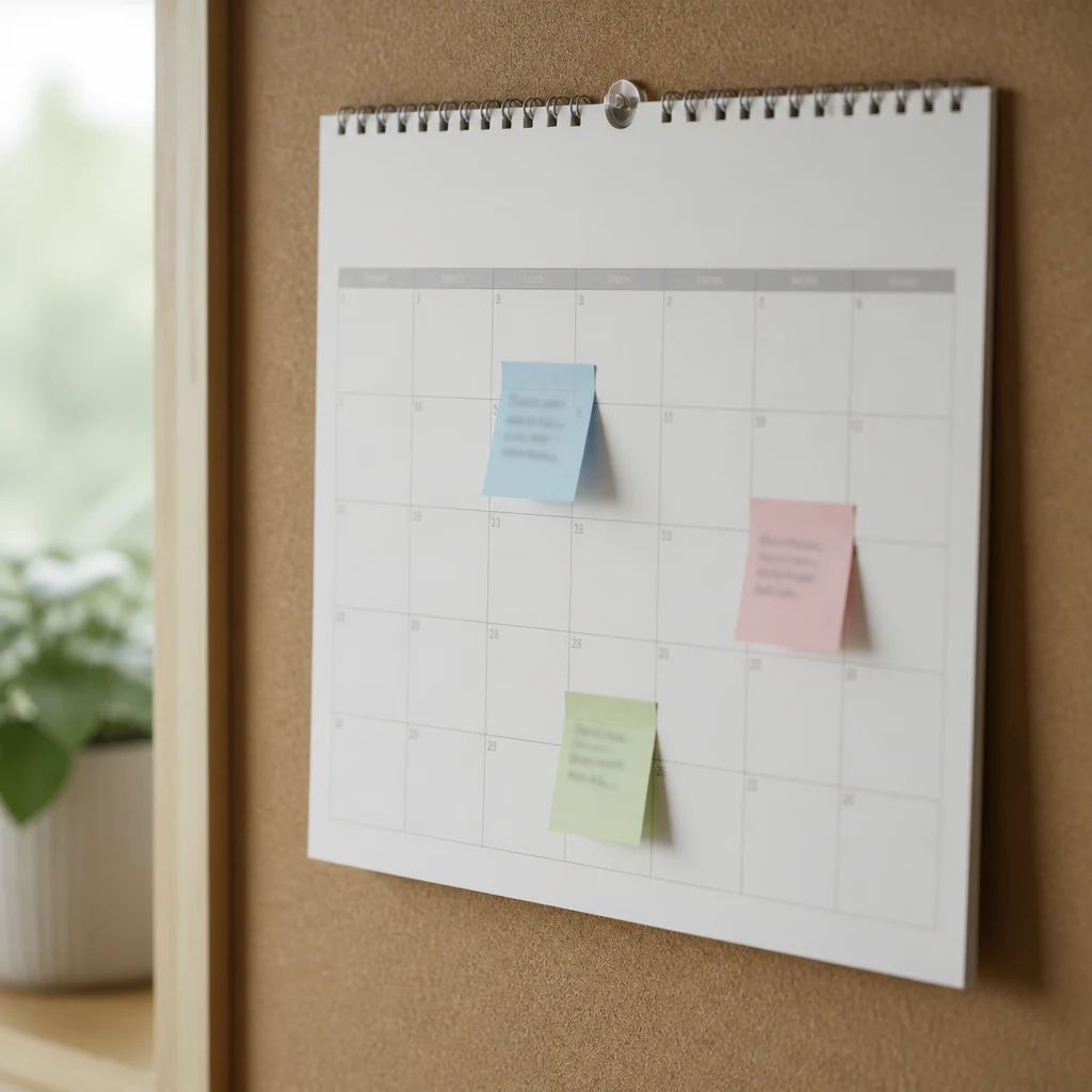 Calendrier mural avec petites etiquettes colorees pointant trois periodes de stage sur l annee