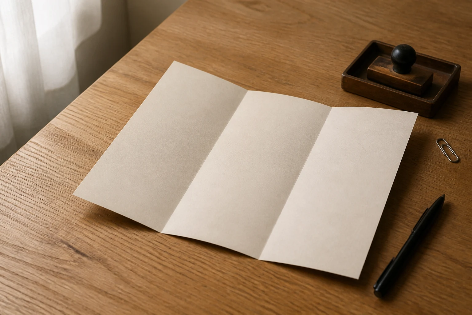 Convention de stage pliee en trois posee sur bureau en bois avec stylo noir et trombone