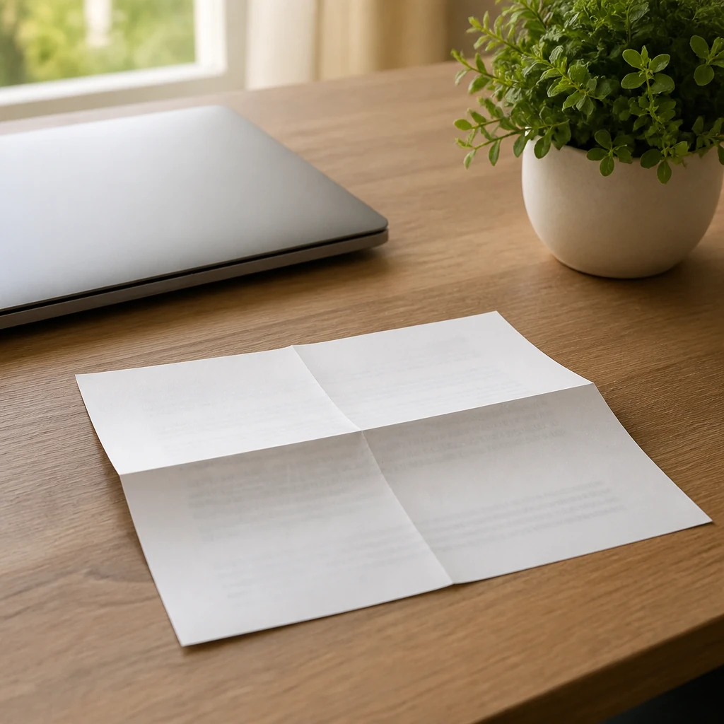 Lettre imprimee pliee posee sur bureau en bois pres d un ordinateur portable ferme et d une plante