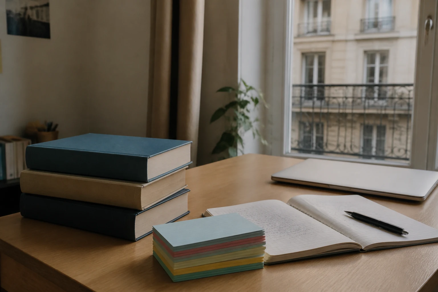 Bureau d'un lyceen avec manuels et fiches de revision pres d'une fenetre lumineuse pour preparer un stage de pre-rentree fin aout
