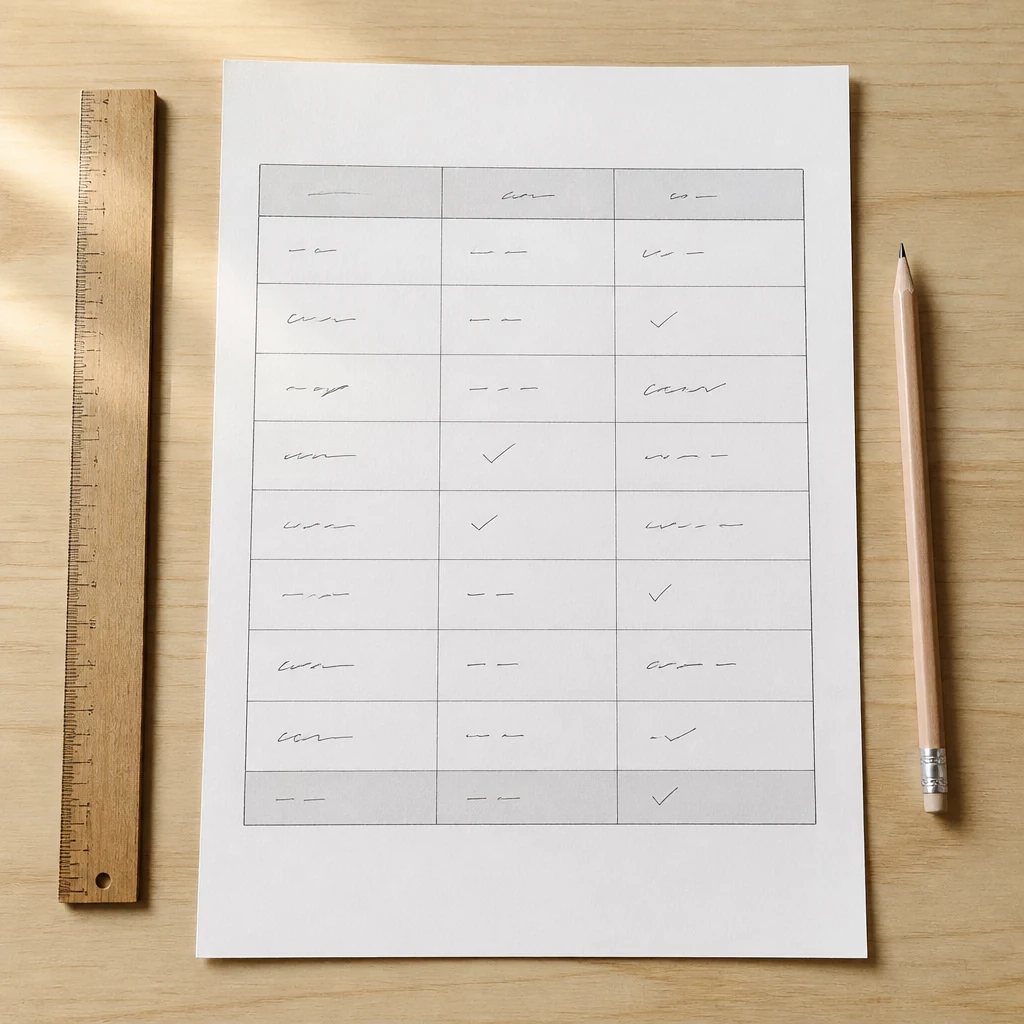 Tableau comparatif imprime des organismes de stage de pre-rentree avec colonnes et lignes sur un bureau en bois