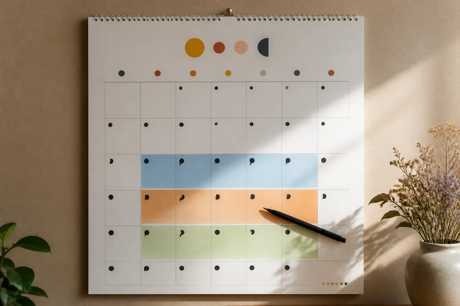 Calendrier mensuel papier d'aout avec trois blocs de cinq jours surlignes pour planifier un stage de pre-rentree