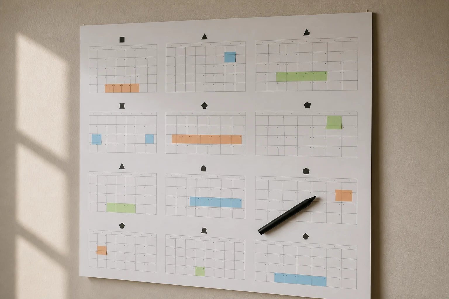 Calendrier mural d'une annee scolaire avec post-it colores marquant les periodes de vacances et un stylo pose sur le mois de septembre