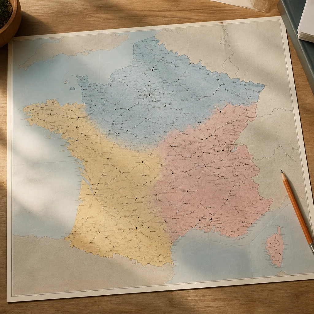 Carte de la France metropolitaine avec les trois zones de vacances scolaires teintees en pastel bleu jaune et rose