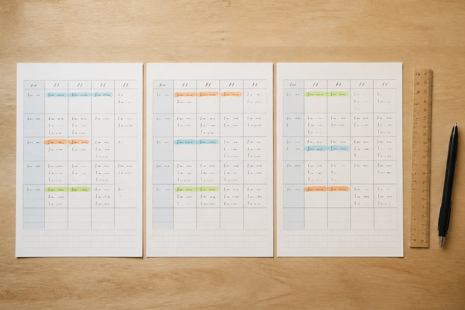 Trois plannings hebdomadaires papier alignes cote a cote avec des surligneurs pastel marquant differentes semaines de vacances