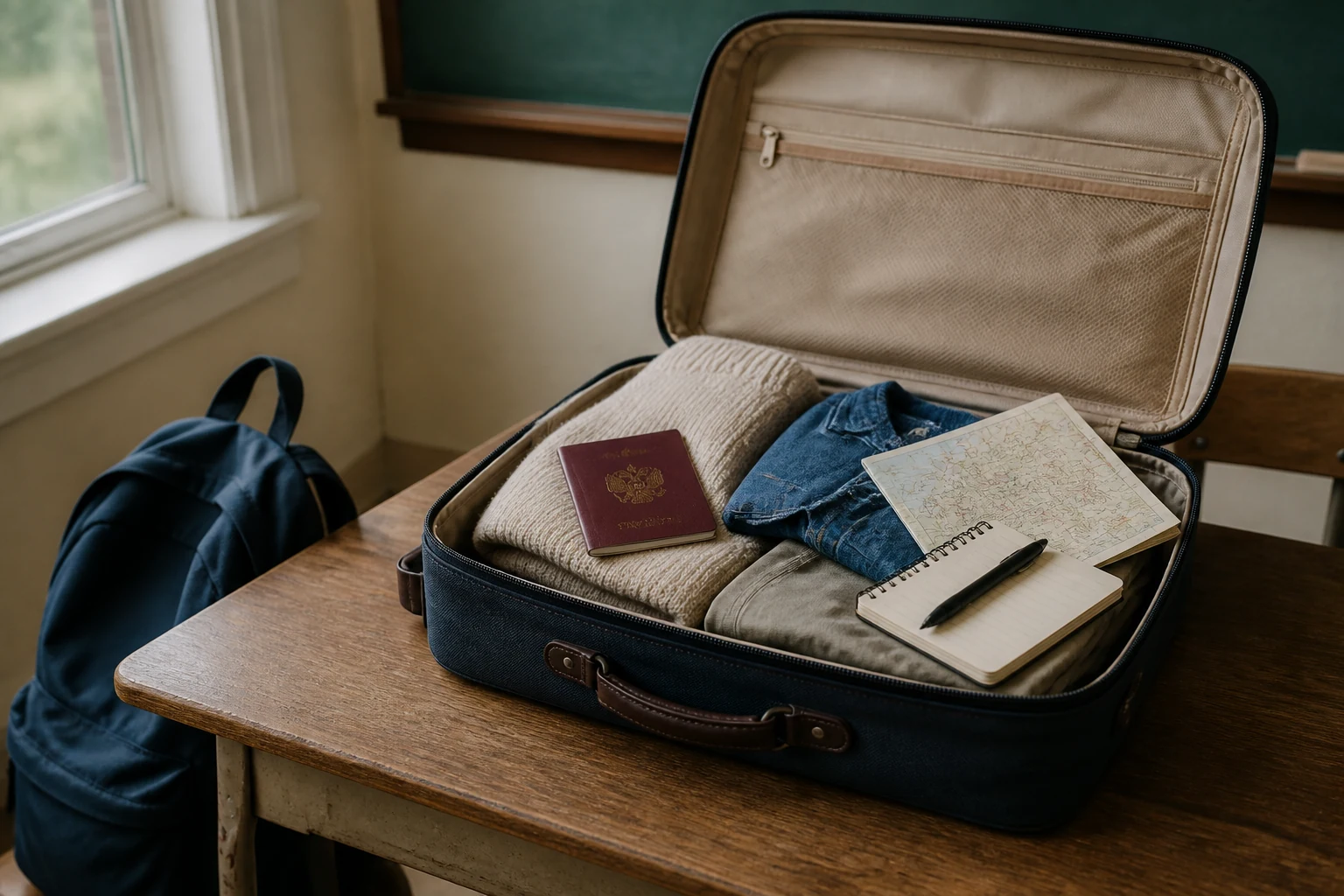Valise ouverte posee sur un bureau d ecole avec un passeport francais une carte d Europe et un carnet de notes a cote d un cartable