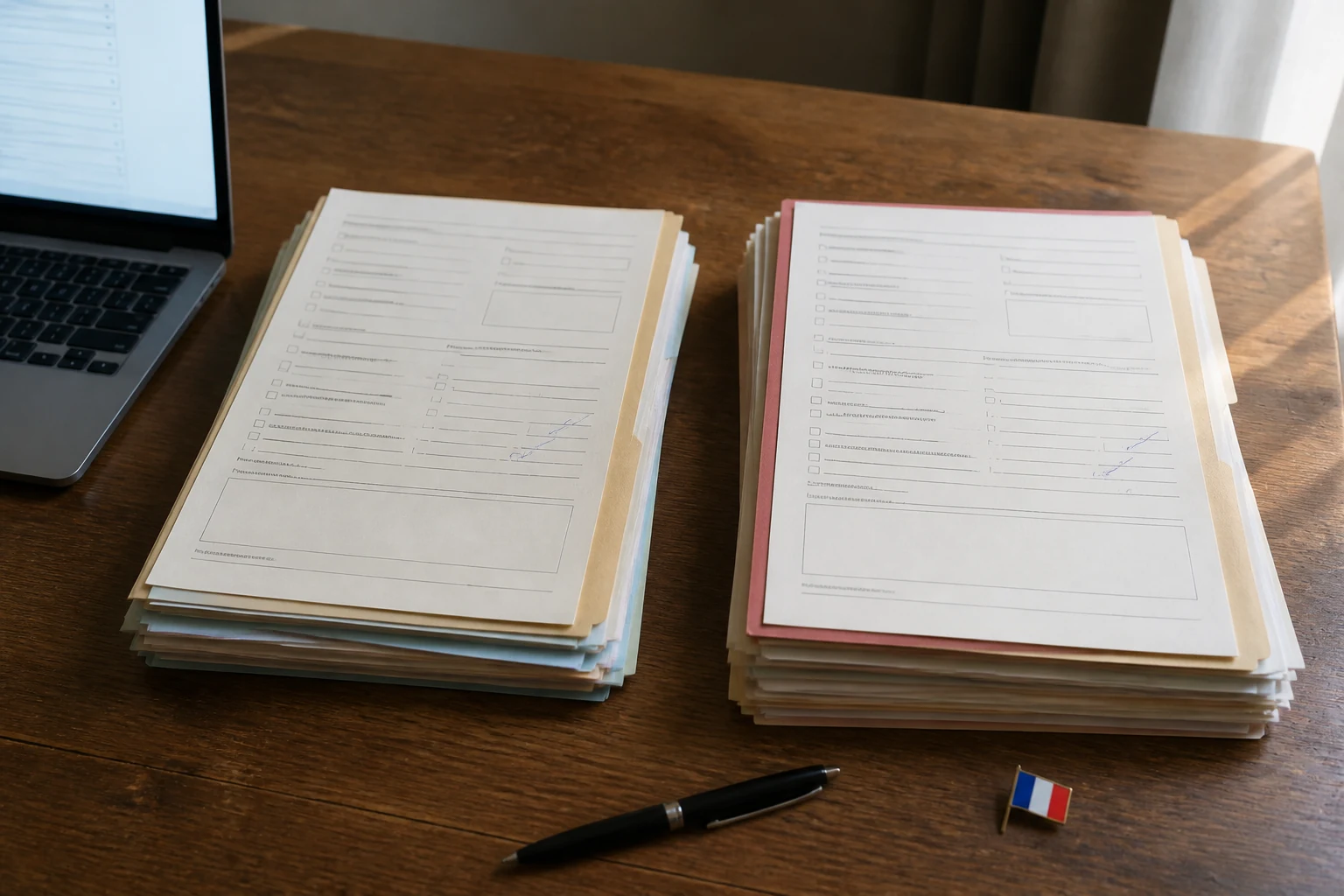 Bureau avec deux piles de dossiers administratifs et un ordinateur portable affichant un formulaire generique pour declaration de mobilite