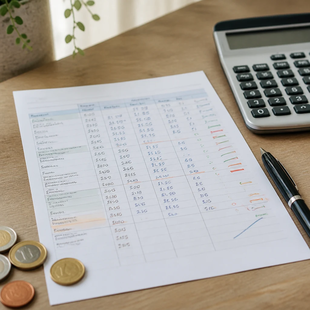 Feuille de calcul budgetaire posee sur un bureau avec une calculatrice un stylo et quelques pieces de monnaie