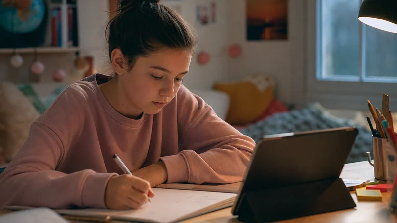 Élève regardant une capsule vidéo pédagogique sur une tablette à la maison