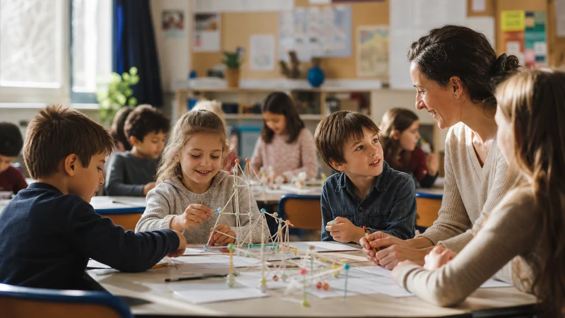 Classe active où des élèves travaillent en petits groupes pendant que l'enseignant aide