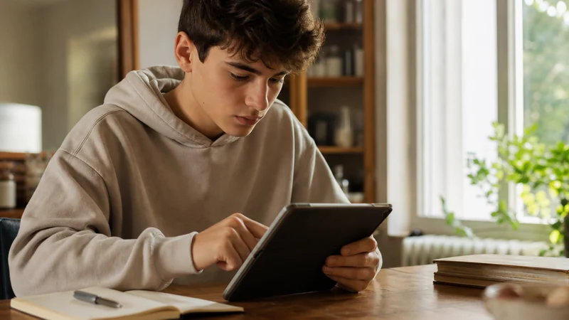 Un élève réalise des exercices interactifs sur une tablette avec un cahier à côté