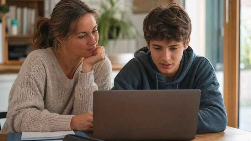 Un parent et un adolescent regardent ensemble un écran d'ordinateur pour choisir une plateforme