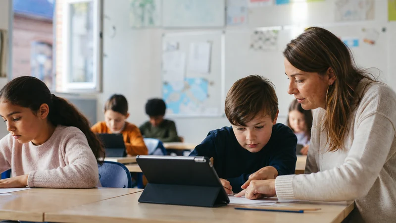 Une classe où l'enseignant accompagne des élèves dans des activités personnalisées