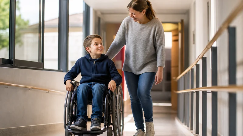 Un élève en fauteuil roulant circule dans un couloir d'école accessible avec l'aide d'un adulte
