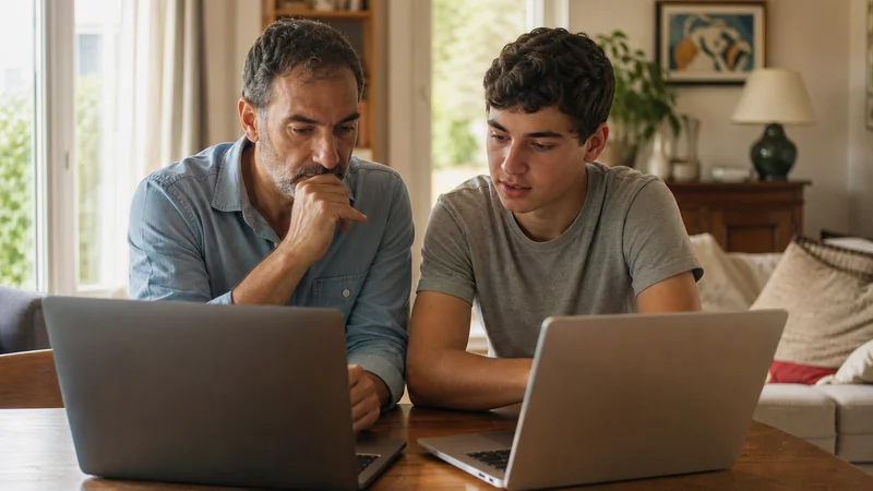 Un parent et un adolescent comparent deux ordinateurs portables pour la rentrée