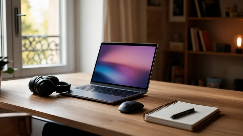 Bureau d'élève avec ordinateur portable, casque, souris et cahier pour la rentrée